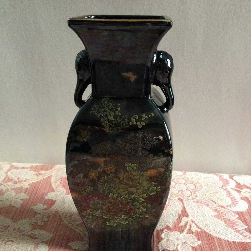 Japanese ceramic vase black w hand painted flowers gold rim square mouth 9.5"